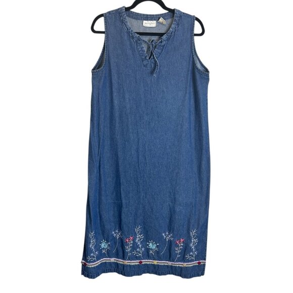 Vanity Fair Vintage Blue Denim Sleeveless Midi Dress Sz 18 Floral Embroidery - Picture 1 of 6